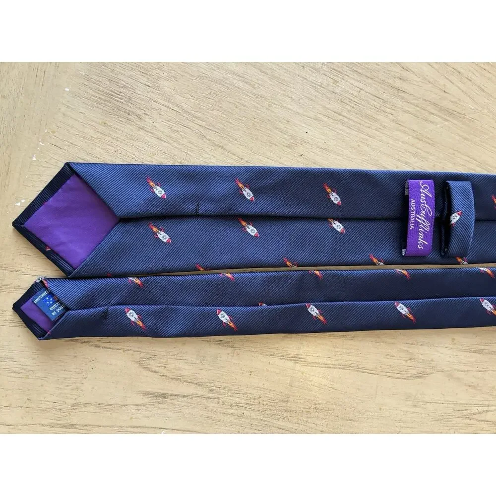 Men's Rocket Space Ship Skinny Tie Navy Blue Novelty NASA Cosmic Retro Moon